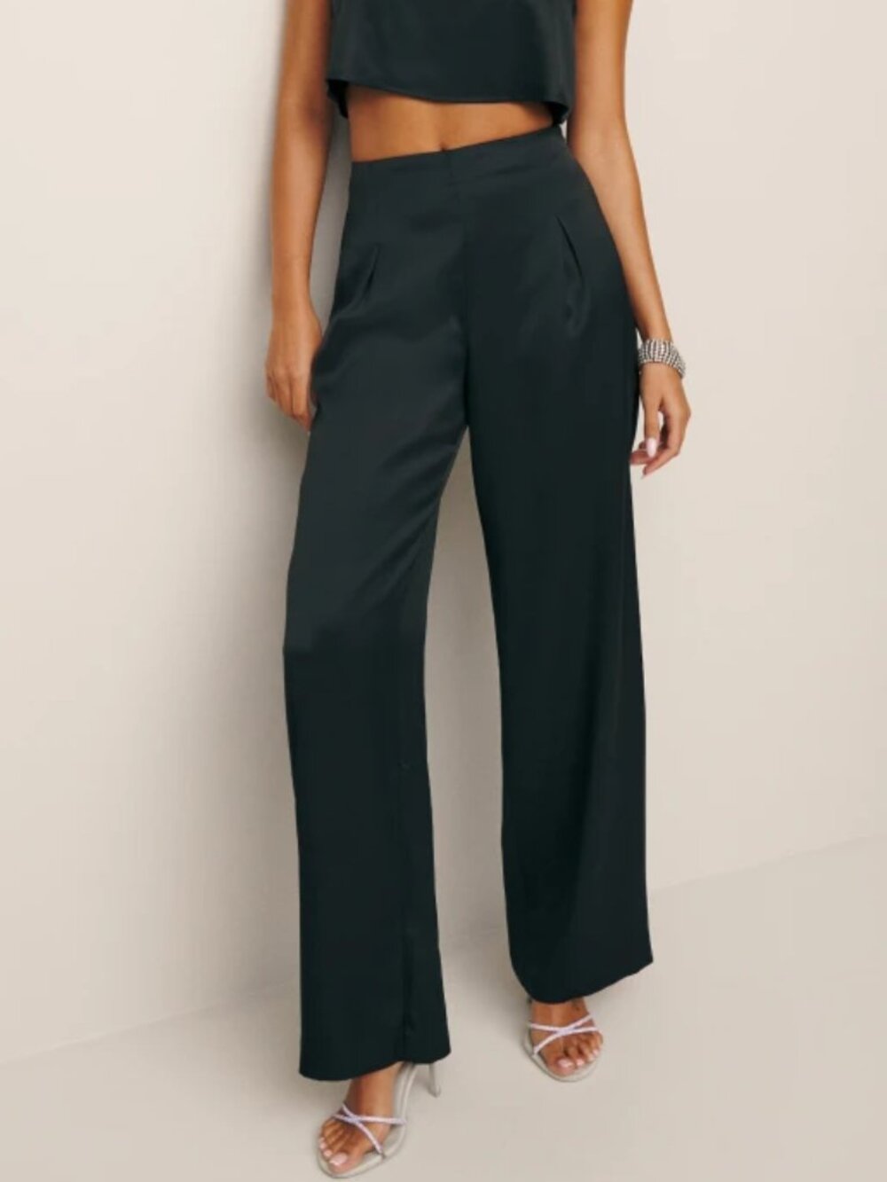 Unworn Reformation Cleo Black Satin Wide Leg Pants